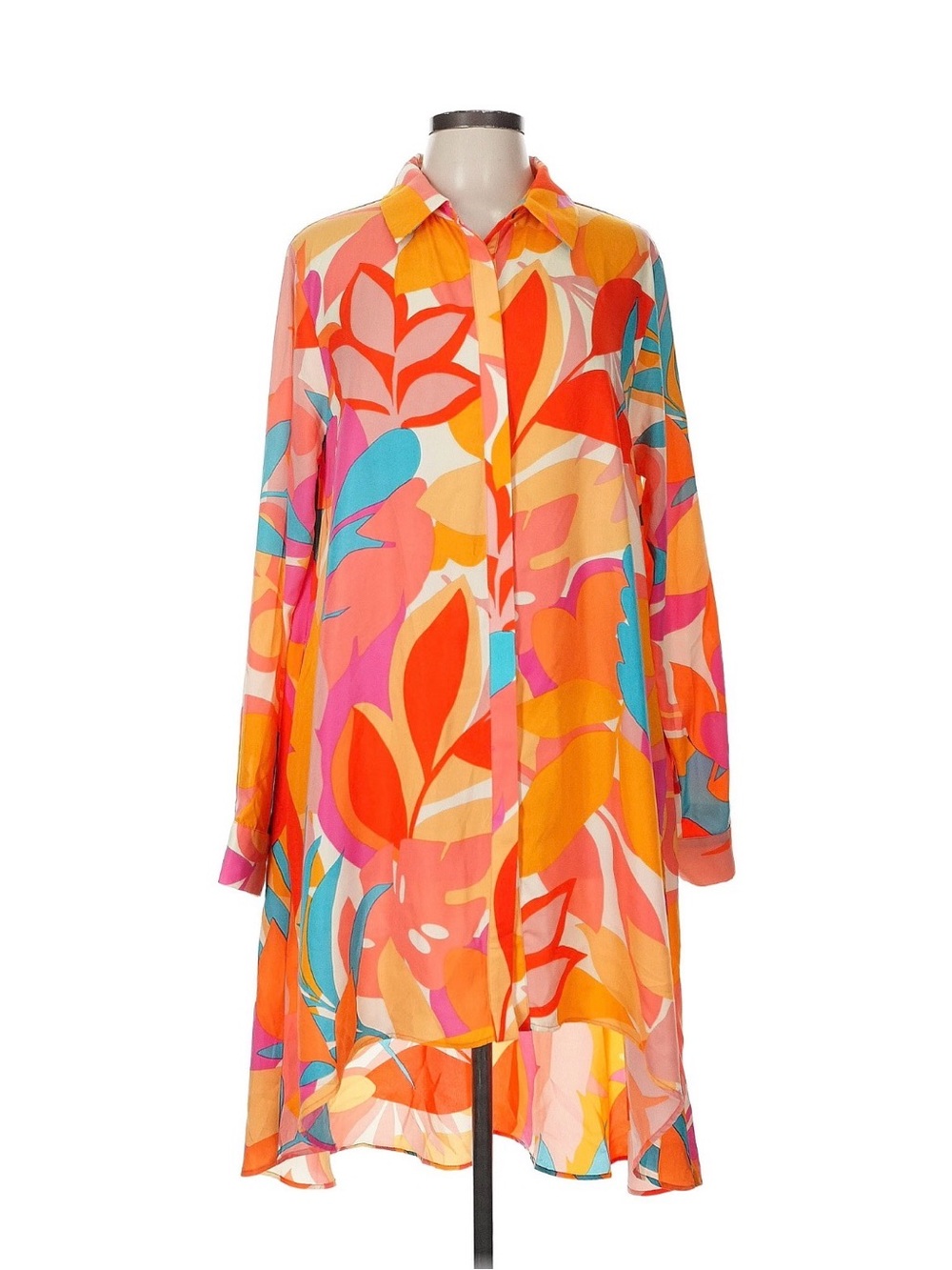 Easel Downtowner Vibrant Tropical Print Button-Front Tunic Shirt Dress